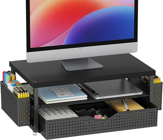 gianotter Wood Monitor Stand Riser, Office Desk Shelf Organizer, Desk Organizer with Drawer and Pen Holder, 2-Tier Computer Stand, Office Organization (Ink)