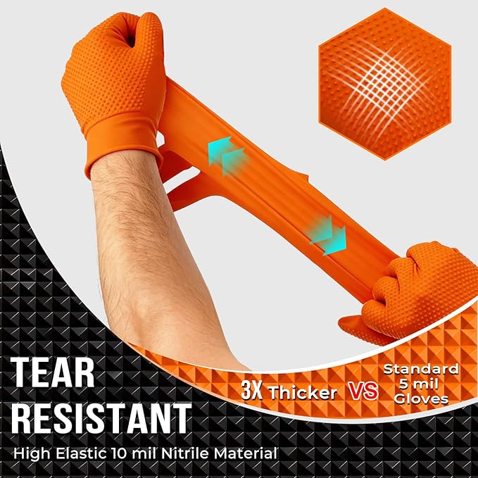 10 Mil Nitrile Disposable Gloves Heavy Duty Mechanic Gloves Raised Diamond Texture Thick (Orange of 1000, Large)
