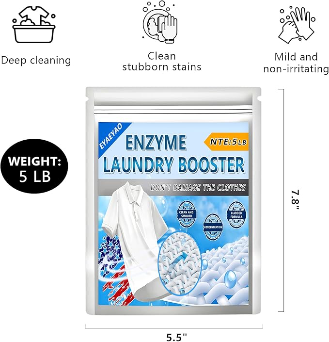 Bio Enzyme Laundry Booster Powder - Ultra-Concentrated Stain & Odor Remover for Whites & Colors | Oxygen Bleach Alternative | Non-Toxic, Biodegradable Formula | Works in All Washing Machines (5 lb)