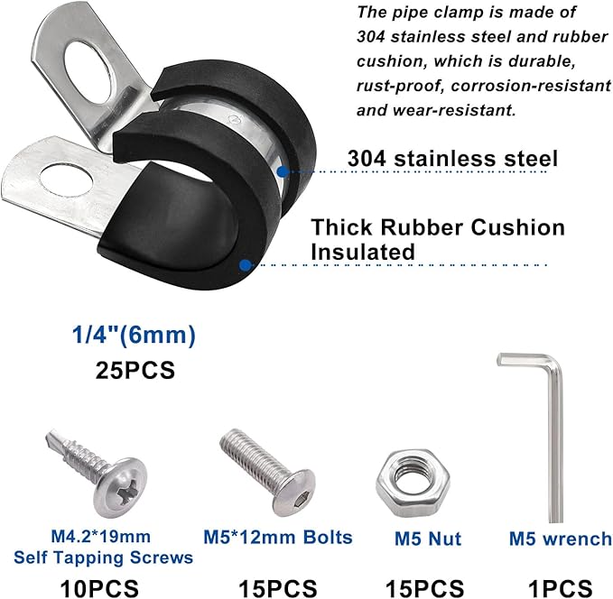 Taiss 50PCS 1/4 Inch Cable Clamps 304 Stainless Steel Rubber Cushion Insulated Pipe Clamps,Loop Clamps,Wire Clamps,Metal Clamp With two kinds of screws (6mm) F-098-6mm