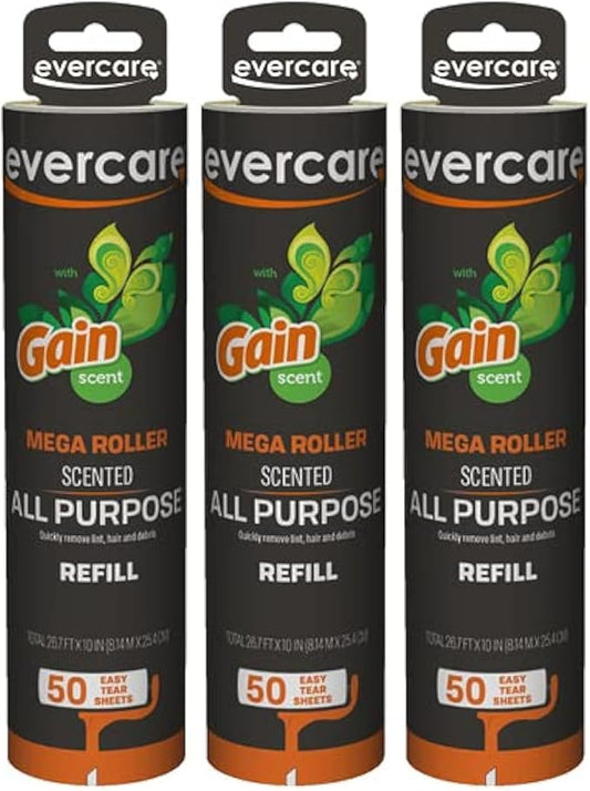 Evercare 10” Mega All-Purpose Pet Hair Lint Roller Refills, 3 Pack, 50 Sheets Each, Gain Scented – Sticky Roller for Pet Hair, Cat & Dog Hair Remover, Lint Remover for Furniture, Clothing & Cars
