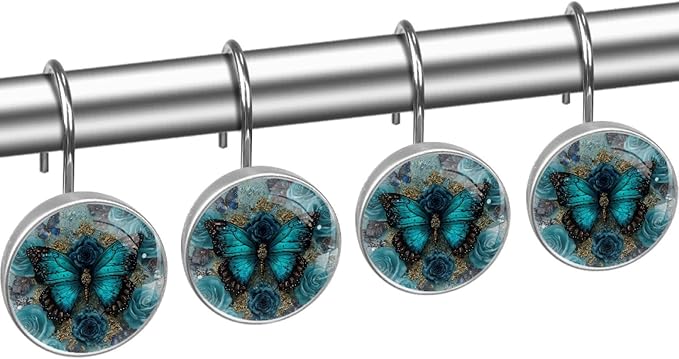 Navy Blue Butterfly Shower Curtain Hooks 12Pcs, Decorative Rust Resistant Shower Rings for Shower Curtain Rods, Stainless Steel Round Curtain Hooks for Bathroom, Bedroom, Farmhouse