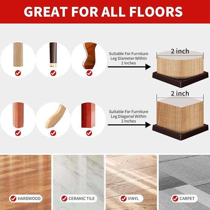 Ezprotekt Non Slip Furniture Pads, 12 Pcs 2" Anti Skid Rubber Furniture Caster Cups, Anti-Slip Furniture Coasters for Hardwood Floors, Anti Slide Floor Protectors for Bed Couch Stoppers (Brown)