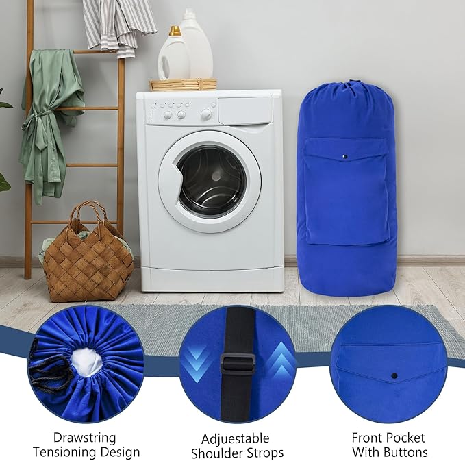Sanlykate Canvas Backpack Laundry Bag - Extra Large Durable Dirty Clothes 2-3 Days Capacity with Adjustable Shoulder Strap & Front Pocket, for College Dorm, Apartment, Laundromats, Camping Travel