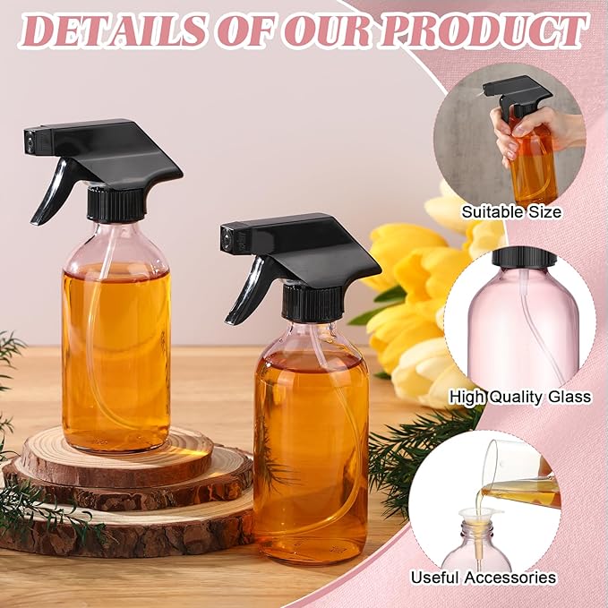 Norme 24 Pcs Glass Spray Bottles with Funnels and Labels 8 oz Refillable Cosmetic Empty Spray Containers with Trigger Squirt Containers for Essential Oil Cleaning Solutions (Pink)