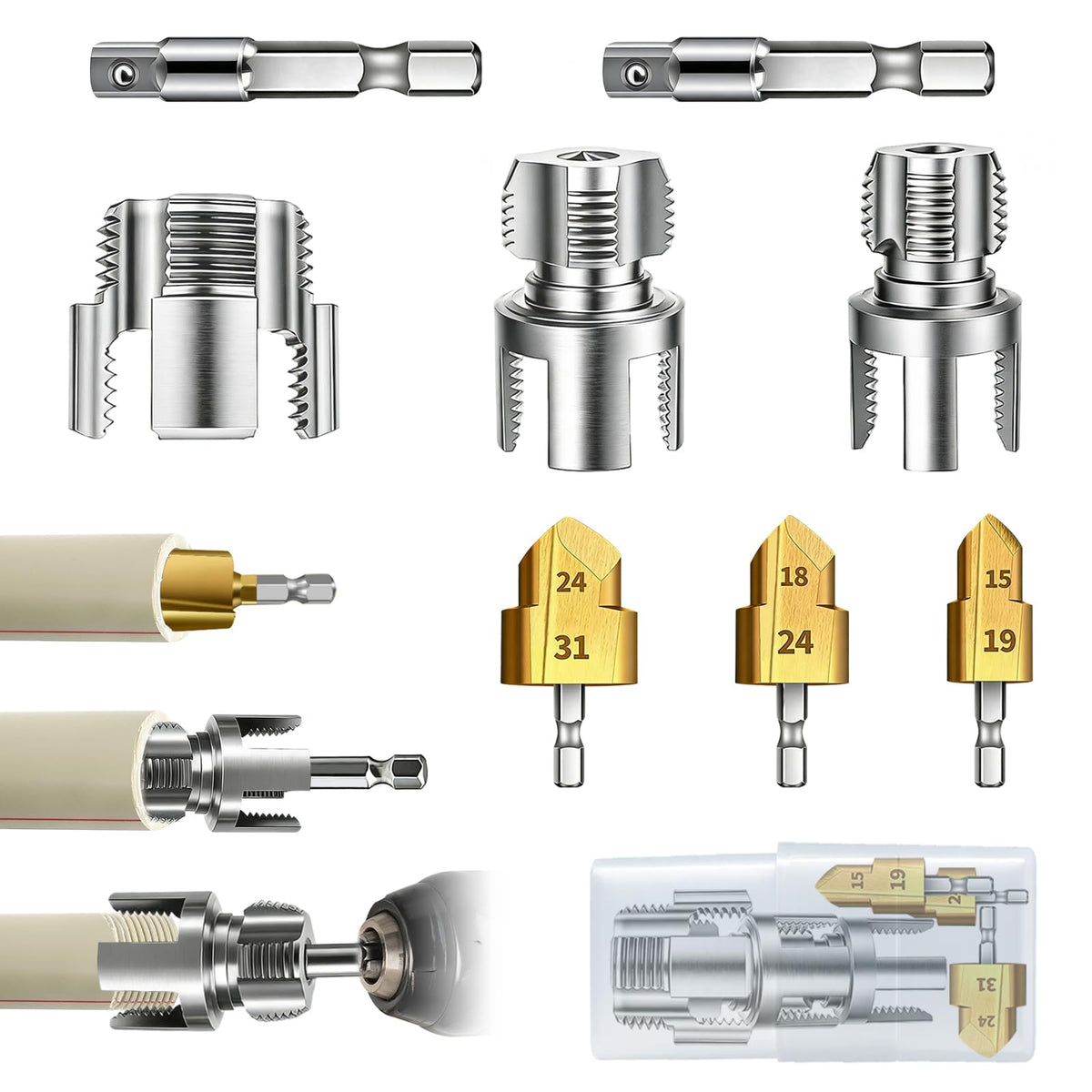 3PCS PVC Pipe Threader Tool Kit-1/2" 3/4" 1" Dual-Function - Image 1