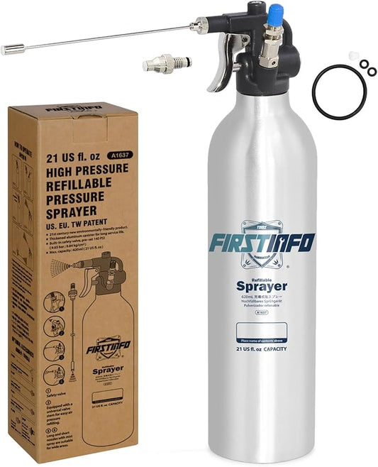 FIRSTINFO A1637 (3rd Gen) Patented Lightweight Max. Pressure 140psi / 620ml Thickened Aluminum Canister Refillable Aerosol Spray Can | Compressed Air Sprayer | Wide Mist Spray Only