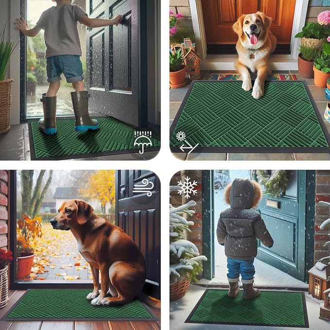 Smiry Front Door Mat Outside Entrance, Heavy Duty Outdoor Indoor Natural Rubber Doormat, Non Slip, Trap Dirt and Moisture, Easy Clean, Low Profile Patio Porch Entryway Mat, 29.5x17, Green