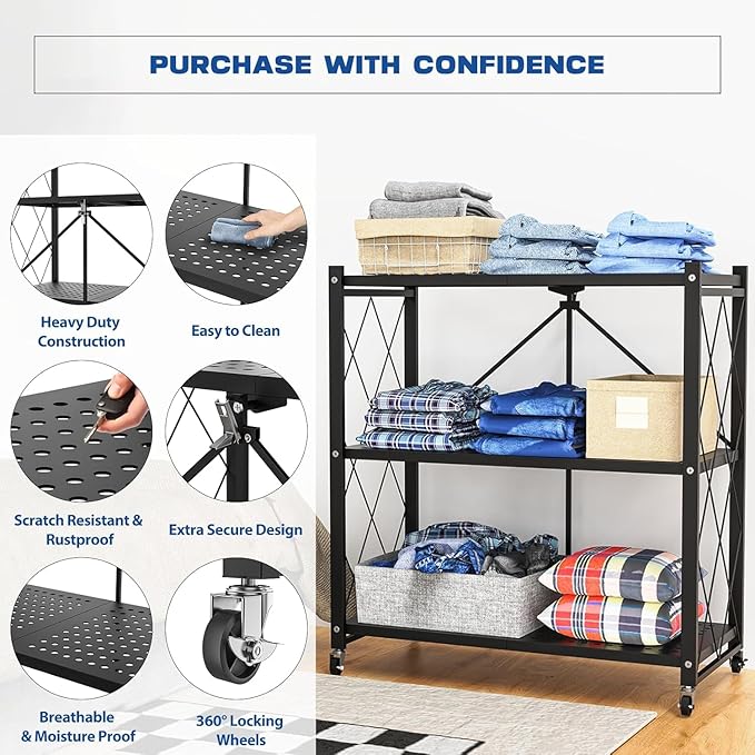 3-Tier Foldable Storage Shelf with Wheels | Metal Rack Collapsible Shelving Display | Rolling Cart for Books Kitchen Storage Shelves | Pantry & Closet Organizer | Office Room Decor