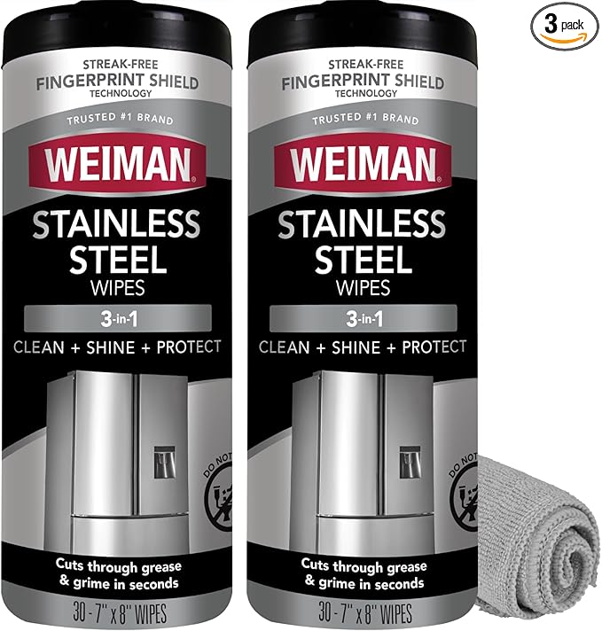 Weiman Stainless Steel Cleaner and Polish Wipes Bundle with Microfiber Cloth-Removes Fingerprints, Water Marks and Grease from Appliances - Works Great on Refrigerators, Ovens, and Grills,Grey