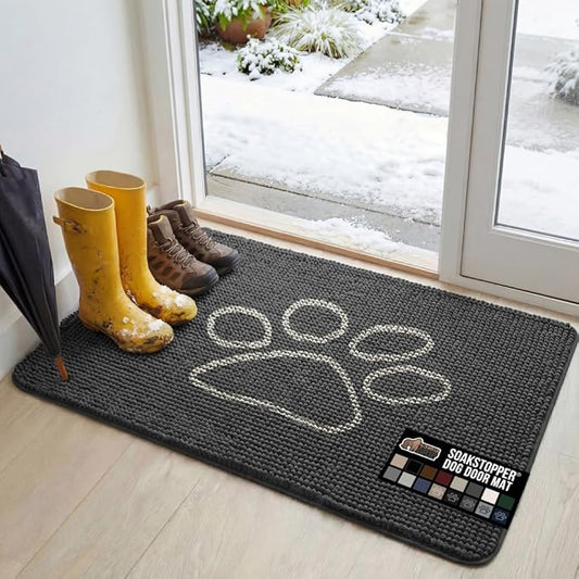 GORILLA GRIP SoakSTOPPER Dog Door Mat, 48x30 Machine Washable Rug Absorbent Doormat Captures Moisture Mud Dirt, Quick Dry Soft Chenille Entryway Rugs Indoor Entrance Mats for Dog Paws, Charcoal