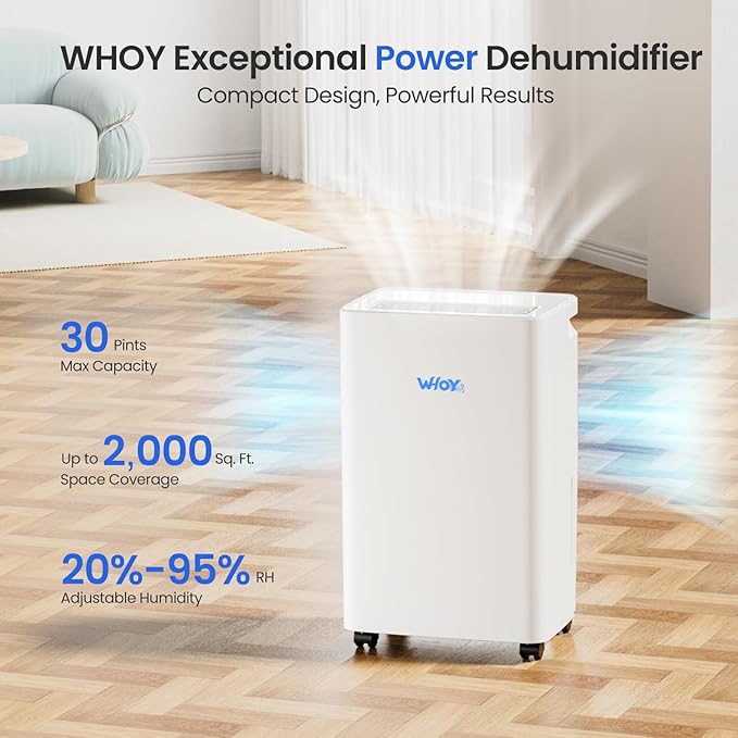 Dehumidifier for Basements, 2000 Sq. Ft., 30 Pints,1.6L Tank, App-Controlled, With 4.9 ft Drain Hose Low noise, for Living room, Basements and Office