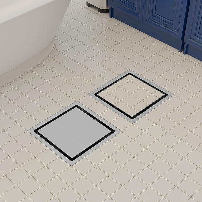 4 Inch Brushed Nickel Square Shower Drain Kit with Flange,Modern Floor Drain with 2-in-1 Cover Tiled Insert Grate,Stainless Steel SUS 304