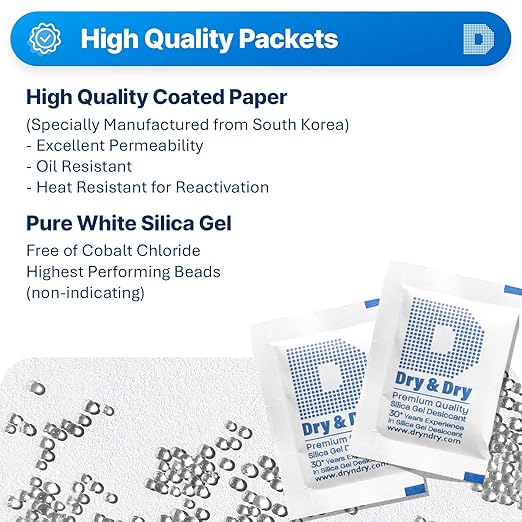 Dry & Dry 5 Gram [100 Packets] Silica Gel Packets Silica Gel Desiccants, Silica Gel Packs - Rechargeable (Food Safe) Silica Gel Packets, Silica Packets
