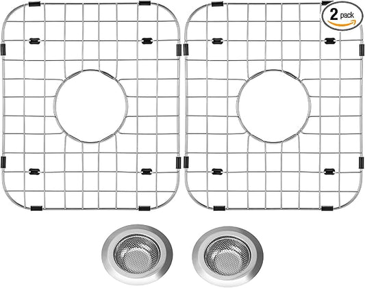 4Pack Sink Protector Grid 13.7"x11.6"X1", Stainless Steel Sink Protectors for Kitchen Sink with Center Drain Hole, Rust-Resistant Metal Sink Protector with 2Pack Sink Strainers (Center Drain/Set 2)