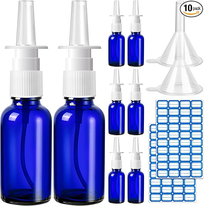 10 Pcs Nasal Spray Bottle Empty, 30ML/1oz 6 Pcs Refillable Nasal Spray Bottle Fine Mist Glass with 2 Funnels and 2 Labels