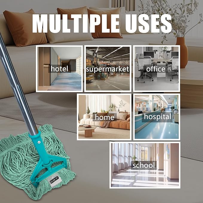 Commercial Cotton Mop Heavy-Duty Industrial with 2 Replacement Heads 152 cm Handle Replacement mop Head (Green)