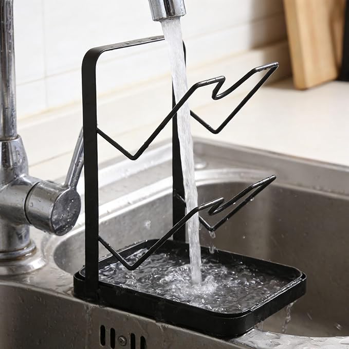 Kitchen Pot Lid Storage Rack with Drip Tray, Carbon Steel Double-Layer Pot Lid Holder While Cooking, Spoon Rest Counter Lids Stand Organizer for Pans Pots (Gun Gray)
