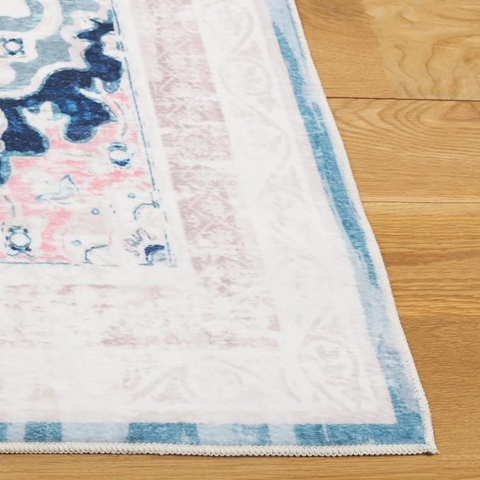 Safavieh Washable Rug Arizona Collection - 4' x 6', Ivory & Aqua, Slip Resistant & Easy to Clean, Ideal for Foyer, Kitchen, Nursery, Office, Bedroom (ARZ324A)