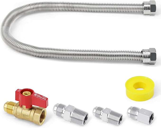 One Stop Gas Appliance Hook Up Kit, 22" Stainless Steel Flexible Gas Line Hose with Brass Gas Ball Valve & Fittings for Mr. Heater, Gas Stoves, Wall Mounted Heaters, Gas Fireplace & Gas Dryer
