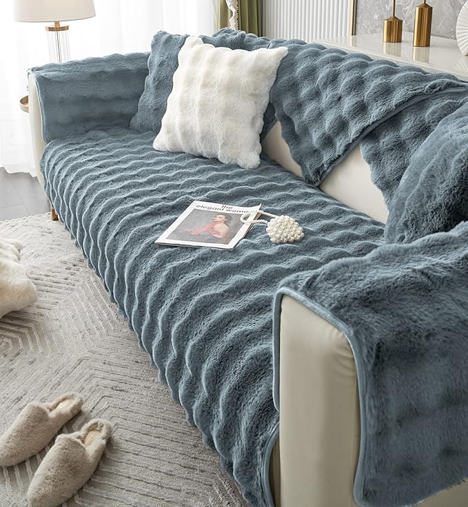 Soft Warm Faux Fur Couch Sofa Cover Thick Shaggy Fuzzy Sectional Couch Cover Non-Slip Solid Color Plush Sofa Slipcover Furniture Protector for Kids, Pets (Grey Black,28"x59")