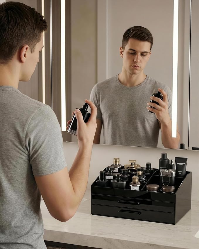 ProCase Cologne Organizer for Men with Drawer, Acrylic Perfume Holder & Bathroom Countertop Organizer for Men & Women, Dresser Vanity Storage for Cologne, Perfume and Skincare -2 Layer