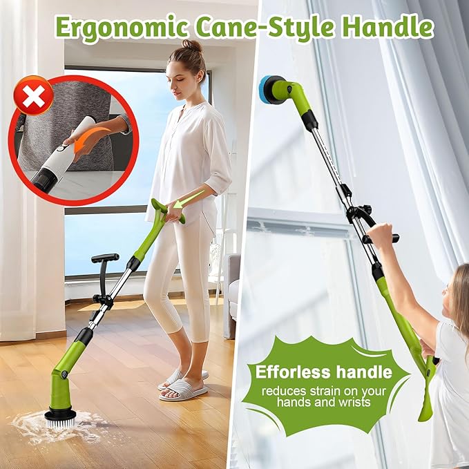 Electric Spin Scrubber, Cordless Cleaning Brush with 8 Brush Heads, 3 Speeds, LCD Display, and Adjustable Extension Handle, IPX7 Waterproof Power Scrubber for Tub Bathroom Floor Tile (Green)