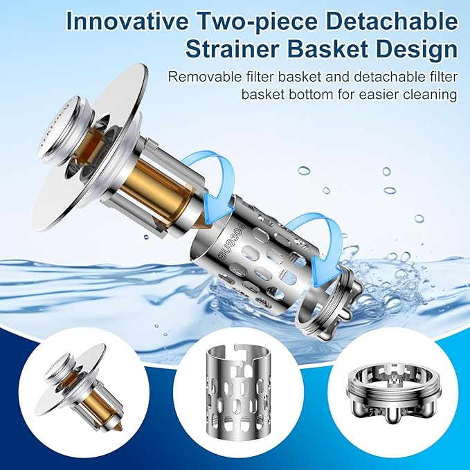 Bathroom Sink Stopper,All Metal Pop-Up Sink Drain Strainer with Removable Stainless Steel Filter Basket, Universal Bathroom Hair Catcher Fit for 1.1-2.36'' Drain (Silver, 2 Pack)