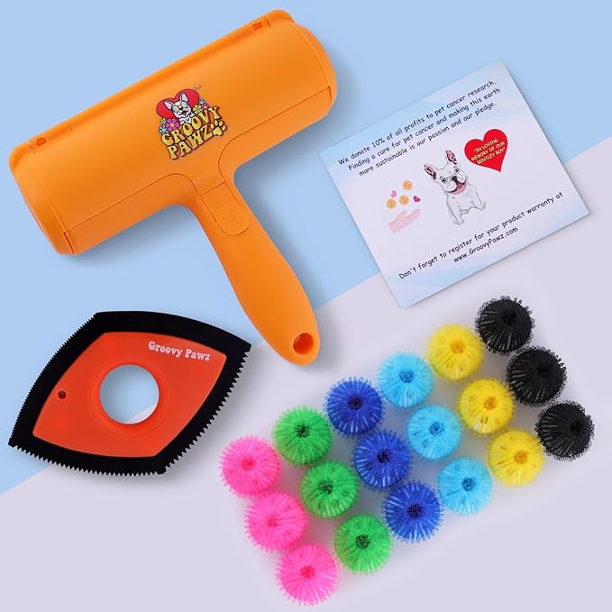 Pet Hair Removal Kit w/Static Brush | Pet Fur Collector | Car Dander Clean-up | Includes 18 Cat and Dog Hair Collecting Washer/Dryer Balls | Dog Brush/Edge Cleaner | Safe and Gentle