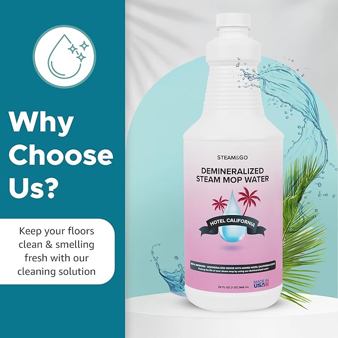 Steam & Go Deminerilized Water - Multi-Surface Cleaner for Steam Cleaners, Hardwood Floors, Kitchens, & Bathrooms - Germ-Killing Formula - Hotel California Scent - 32 Ounces (Pack of 12)