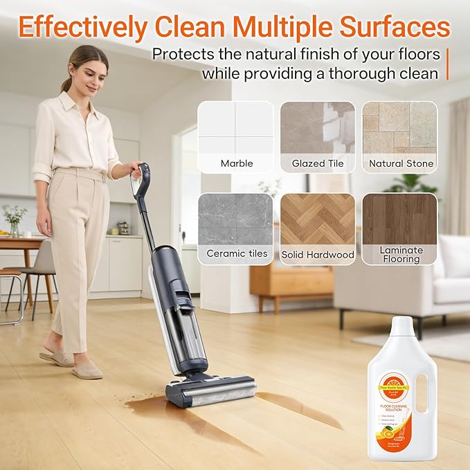 Floor Cleaner Compatible with Tineco Cleaning Solution, Suitable with All Robotic Vacuum Mop and Cordless Wet/Dry Vacuum Mop Cleaner, Multi-Surface Deodorizing & Cleaning Solution (1 L, Orange)