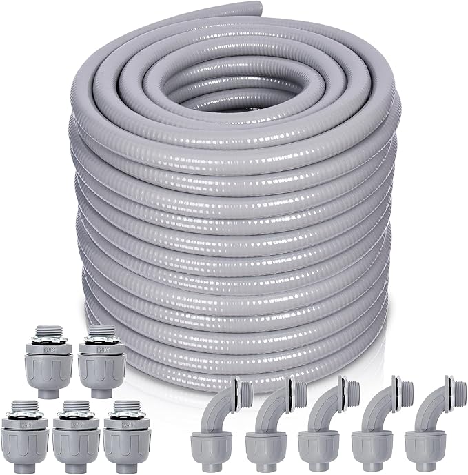Liquid-Tight Conduit and Connector Kit - 3/4 Inch 100 FT Non Metallic Liquid Tight Electrical Conduit with 5 Straight and 5 Angle Fittings