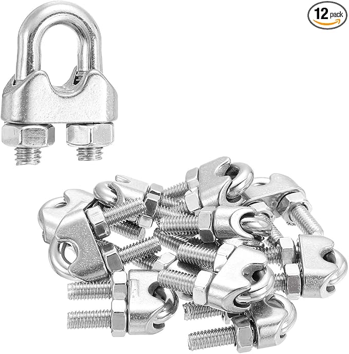 MECCANIXITY 12Pcs Wire Rope Cable Clip Clamps 1/4 Inch M6 Small 304 Stainless Steel U Bolt Saddle Fasteners Hardware for Secure Rigging Marine Guy Line Fence Clothesline, Silver