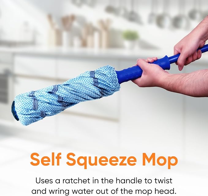 Superio String Cotton Mop for Hardwood Floors, Self-Wringing, Heavy-Duty Commercial/Industrial Use with Aluminum Handle – Blue