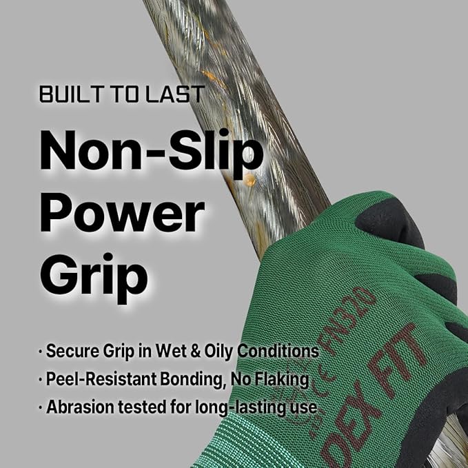 DEX FIT Premium Nylon Nitrile Work Gloves FN320, 3 Pairs, 3D-Comfort Stretchy Fit, Firm Grip, Thin & Lightweight, Durable, Breathable & Cool, Machine Washable; Forest Green 9 (L)