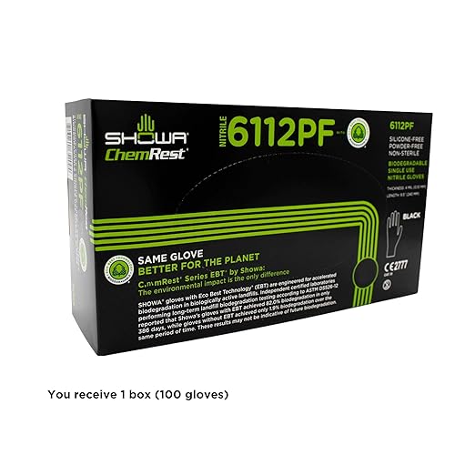 SHOWA 6112PF Sustainable EBT Latex-Free, Powder-Free, Nitrile Disposable Single Use Safety Gloves, 4 Mil, 9.5" Length, Black, X-Large, (1 Box/100 Gloves)