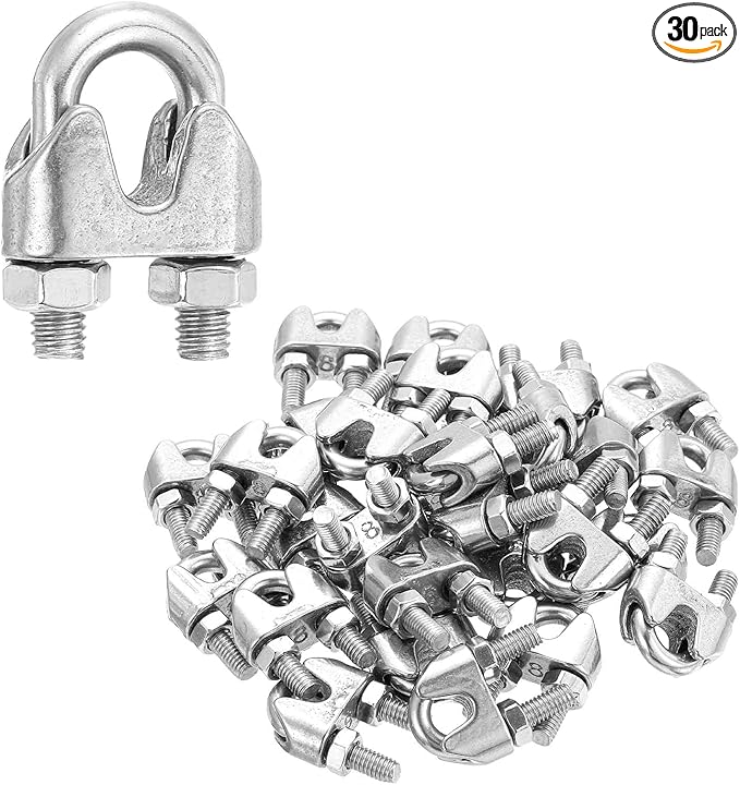 MECCANIXITY 30Pcs Wire Rope Cable Clip Clamps 5/16 Inch M8 Small 304 Stainless Steel U Bolt Saddle Fasteners Hardware for Secure Rigging Marine Guy Line Fence Clothesline, Silver