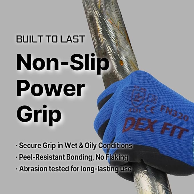 DEX FIT Premium Nylon Nitrile Work Gloves FN320, 3 Pairs, Blue, Unisex, 7 (S) - Durable, Breathable & Cool, Machine Washable