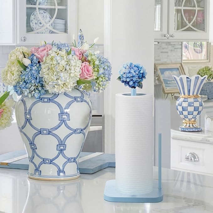 Leinuosen Blue Hydrangea Coquettish Cute Hydrangea Wooden Paper Towel Holder Blue Bathroom Countertop Accessories Kitchen Roll Stand Organizer Standing Apartment Decor Housewarming Gift