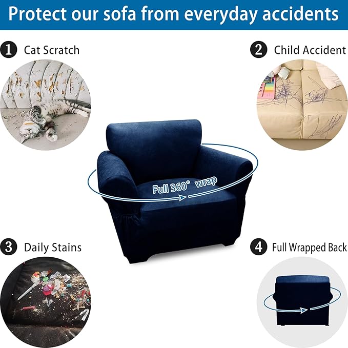 Single Sofa Cover Leather Look Chair Covers for Living Room 1-Piece Sofa Chair Covers with Arms Stretch Furniture Protector with Elastic Bottom & Pockets(Armchair, Navy)