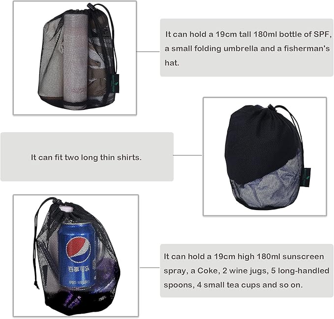 iBasingo 5pcs Black Mesh Nylon Sack With Drawstring - Durable Small Travel Sleeping Bag Stuff Sack for Cosmetics, Shower Gels, Bottles, Tennis Balls, Golf Balls, Tools - BVP03