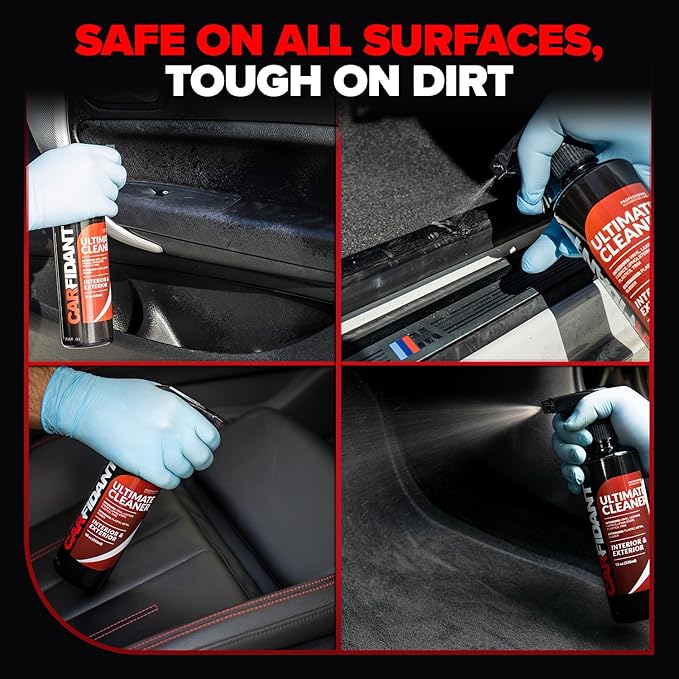 Carfidant Ultimate Car Interior Cleaner - Professional Stain and Odor Remover for Leather, Fabric, Carpet - Tesla Safe, Pet & Kid Friendly - Works on All Interior Surfaces - 18oz + Microfiber Towel