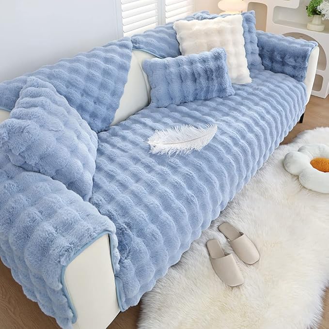 Soft Warm Faux Fur Couch Sofa Cover Thick Shaggy Fuzzy Sectional Couch Cover Non-Slip Solid Color Plush Sofa Slipcover Furniture Protector for Kids, Pets (Light Blue,43"x82")