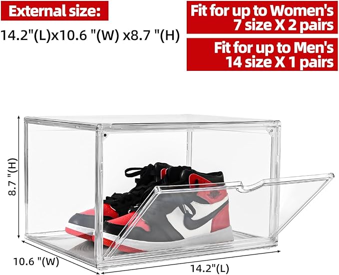 Clear Shoe Organizer,Stackable Shoe Display Case,Shoe Box Storage Bins with Magnetic Door,Fit Shoe Size Up to US 14 (X-Large-1Pack)