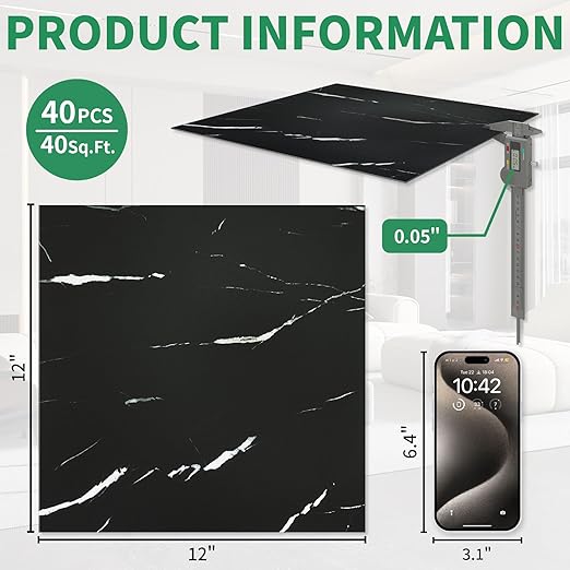 40-Pack Peel and Stick Floor Tiles Vinyl Floor 12 x 12 inch Self Adhesive Waterproof Flooring Planks DIY for Bathroom, Kitchen, Living Room, RV, Cover 40 Sq. Ft, Black Vein Marble