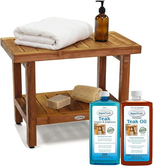 AquaTeak The Original 24" Spa Teak Shower Bench - Shower Stool with Storage Shelf for Bathroom - Durable Water Resistant Shower Chair with Teak Oil & Cleaner CareKit - Shaving Foot Rest