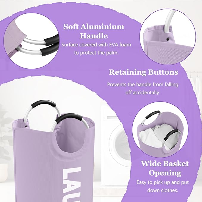 3PCS 95L Laundry Basket, Collapsible Clothes Hamper with Handle, 600D Oxford Cloth Laundry Bin, Stand-alone Dirty Clothes Hamper for Livingroom, Bedroom, Family, Pink+Blue+Purple