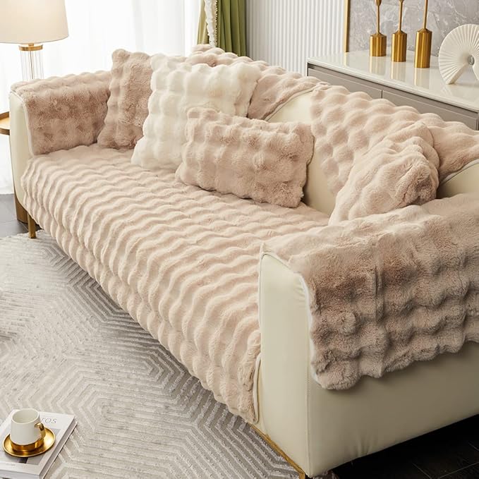 Soft Warm Faux Fur Couch Sofa Cover Thick Shaggy Fuzzy Sectional Couch Cover Non-Slip Solid Color Plush Sofa Slipcover Furniture Protector for Kids, Pets (Light Brown,43"x94")