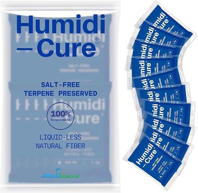 Humidi-Cure 62% RH 2-Way Humidity Packs, Size 1.5g, 10 Packs, Moisture Absorbers for Storing 1/8 oz Herbs, Humidity Control Packs Preserving Aroma and Flavor with Liquidless Plant-Fiber, Salt-Free