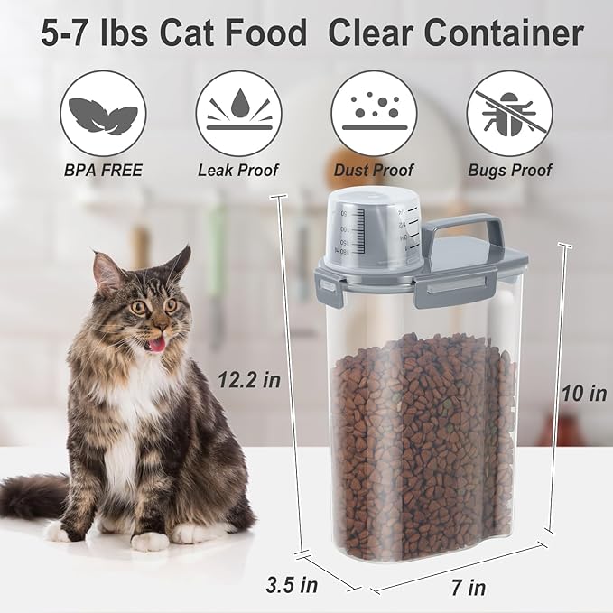 3-5LBS Upgraded Large Nozzle Cat Dog Food Storage Container BPA-free, Airtight Pet Food Storage Bin with 4 Lock Buckles, Sealing Gasket, Cup for Pet Food, Dog Treats, Rice, Flour, Dry- Grey Blue